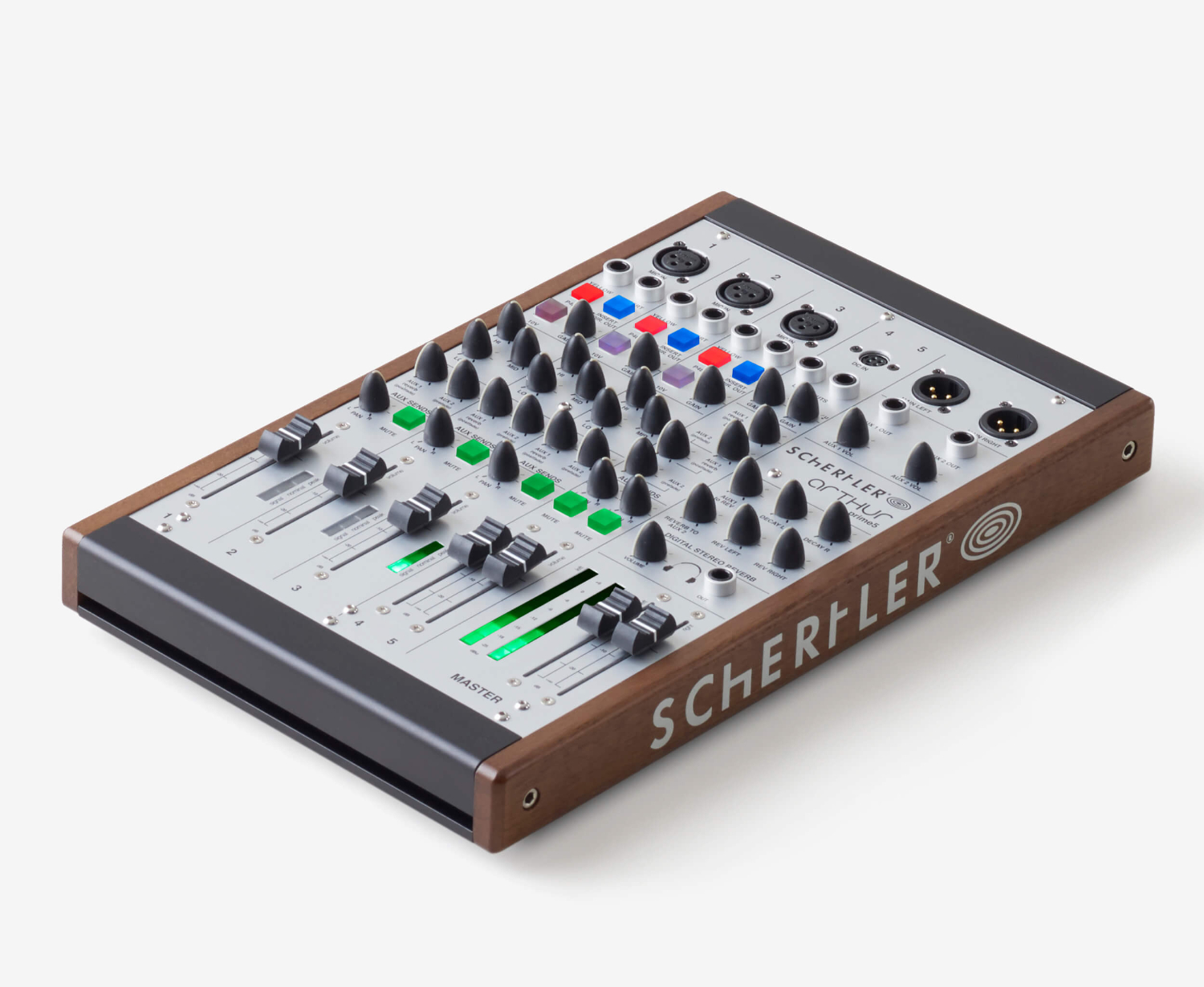 01_PRIME_5_W.jpg Schertler Mixer compatto Arthur Prime, 3 ingressi microfono, 1 ingresso stereo, pannelli laterali in legno - immagine 1